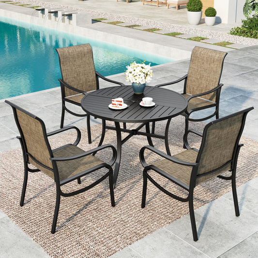 MF Studio 5-Piece Outdoor Patio Dining Set, 42" Metal Round Outdoor Patio Table and Textilene Chairs, Black & Brown-gray