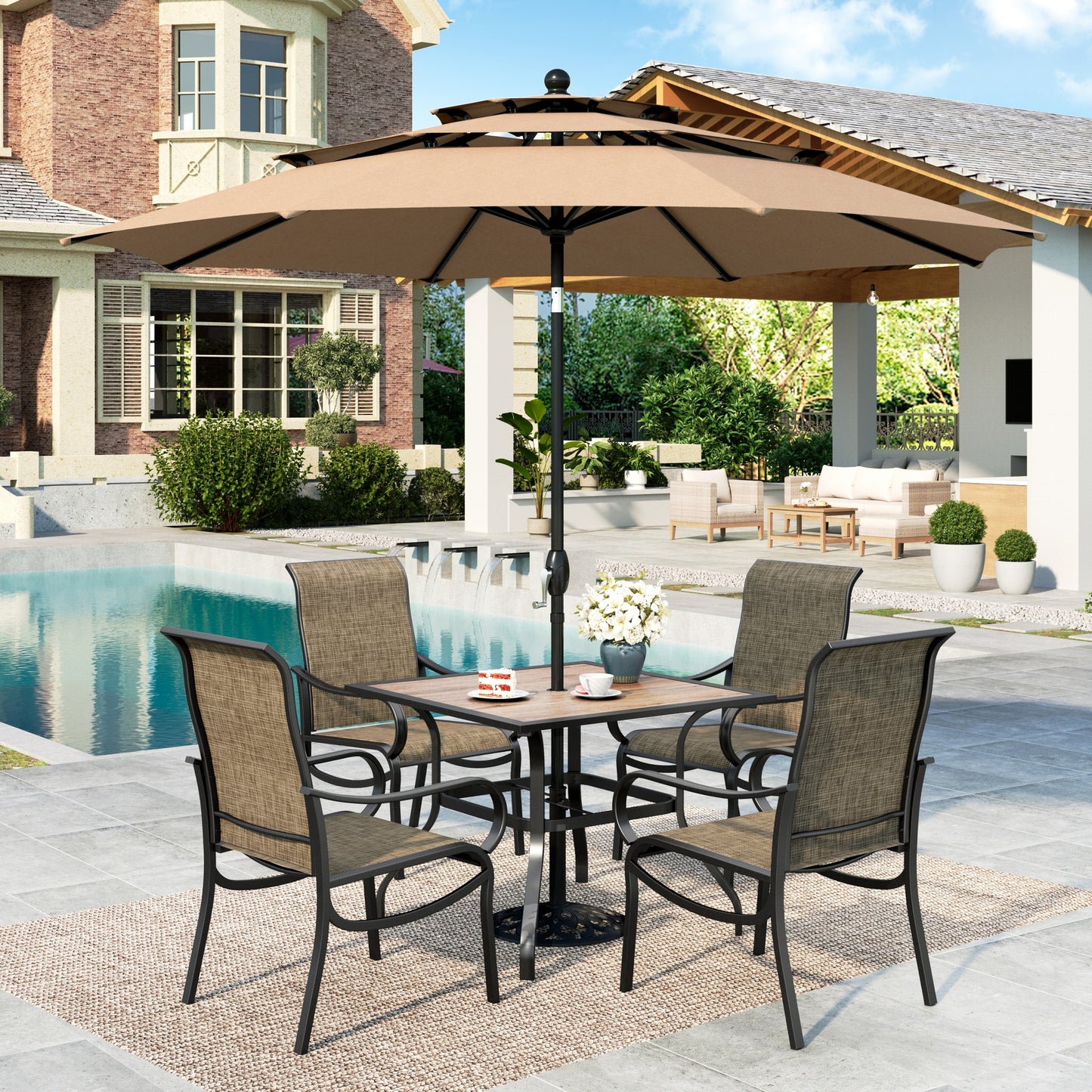 MF Studio 6-Piece Outdoor Patio Dining Set with 10ft Beige Umbrella, 37" Wood-Look Square Outdoor Patio Table and Textilene Chairs for 4 People, Black & Brown-gray