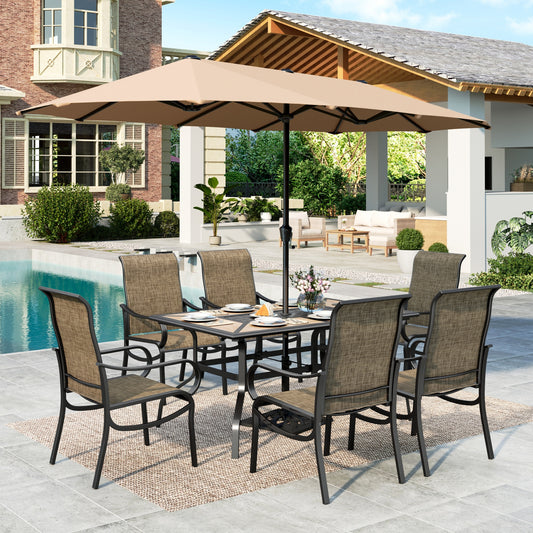 MF Studio 8-Piece Outdoor Patio Dining Set with 13ft Beige Umbrella, 61.5" Wood-Look Patio Table and Textilene Chairs for 6 People, Black & Brown-gray