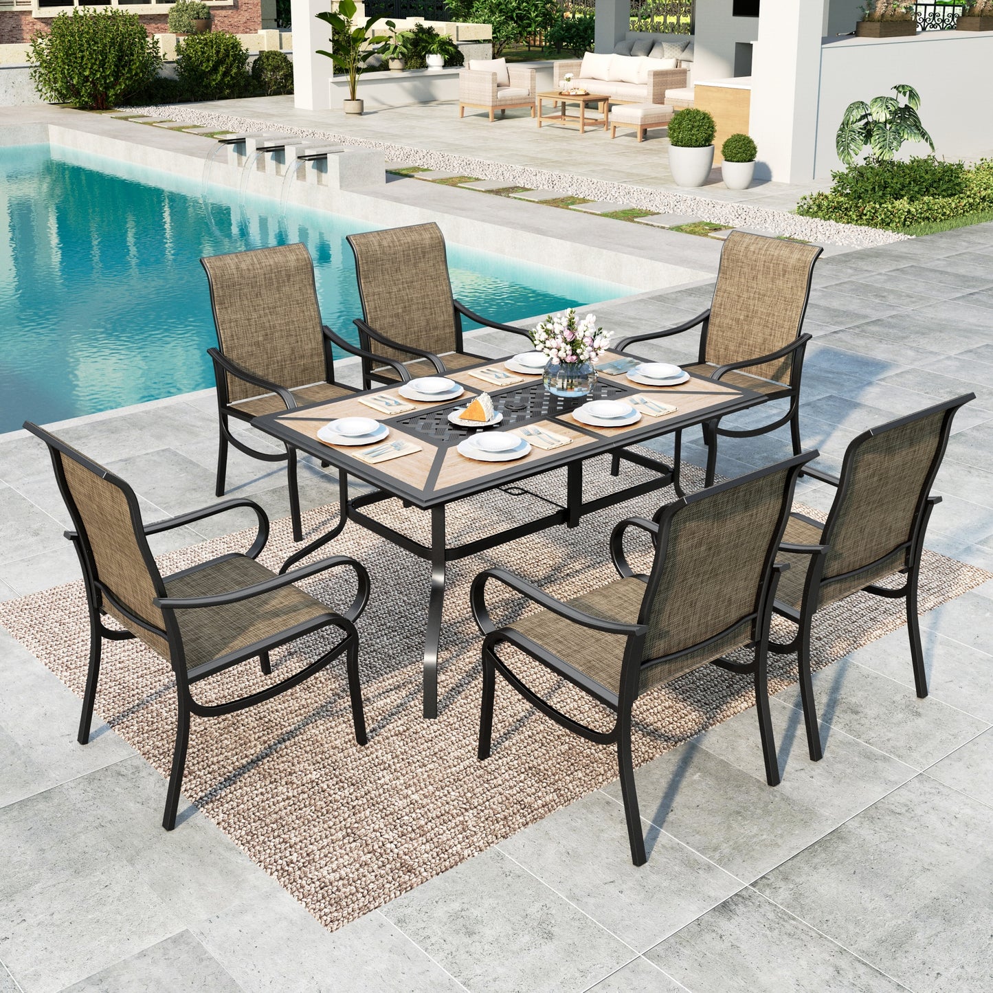 MF Studio 7-Piece Outdoor Patio Dining Set, 61.5" Wood-Look Patio Table and Textilene Chairs, Black & Brown-gray