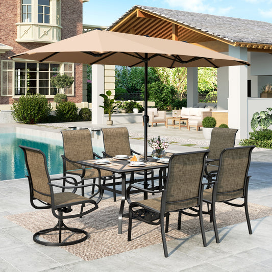 MF Studio 8-Piece Outdoor Patio Dining Set with 13ft Beige Umbrella, 61.5" Wood-Look Patio Table and Textilene Chairs(2 Swivel, 4 Dining Chairs) for 6 People, Black & Brown-gray