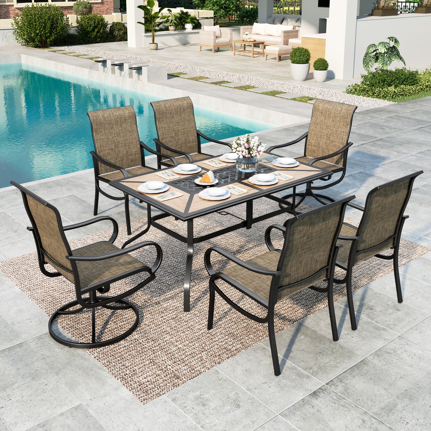 MF Studio 7-Piece Outdoor Patio Dining Set, 61.5" Wood-Look Patio Table and Textilene Chairs(2 Swivel, 4 Dining Chairs), Black & Brown-gray