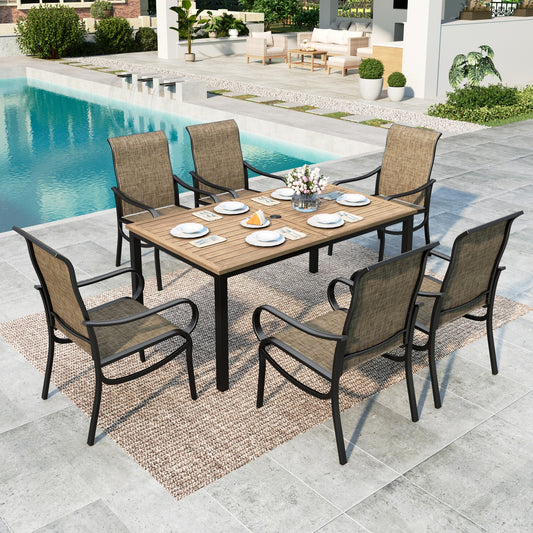 MF Studio 7-Piece Outdoor Patio Dining Set, 64" Wood-Grain Patio Table and Textilene Chairs, Black & Brown-gray
