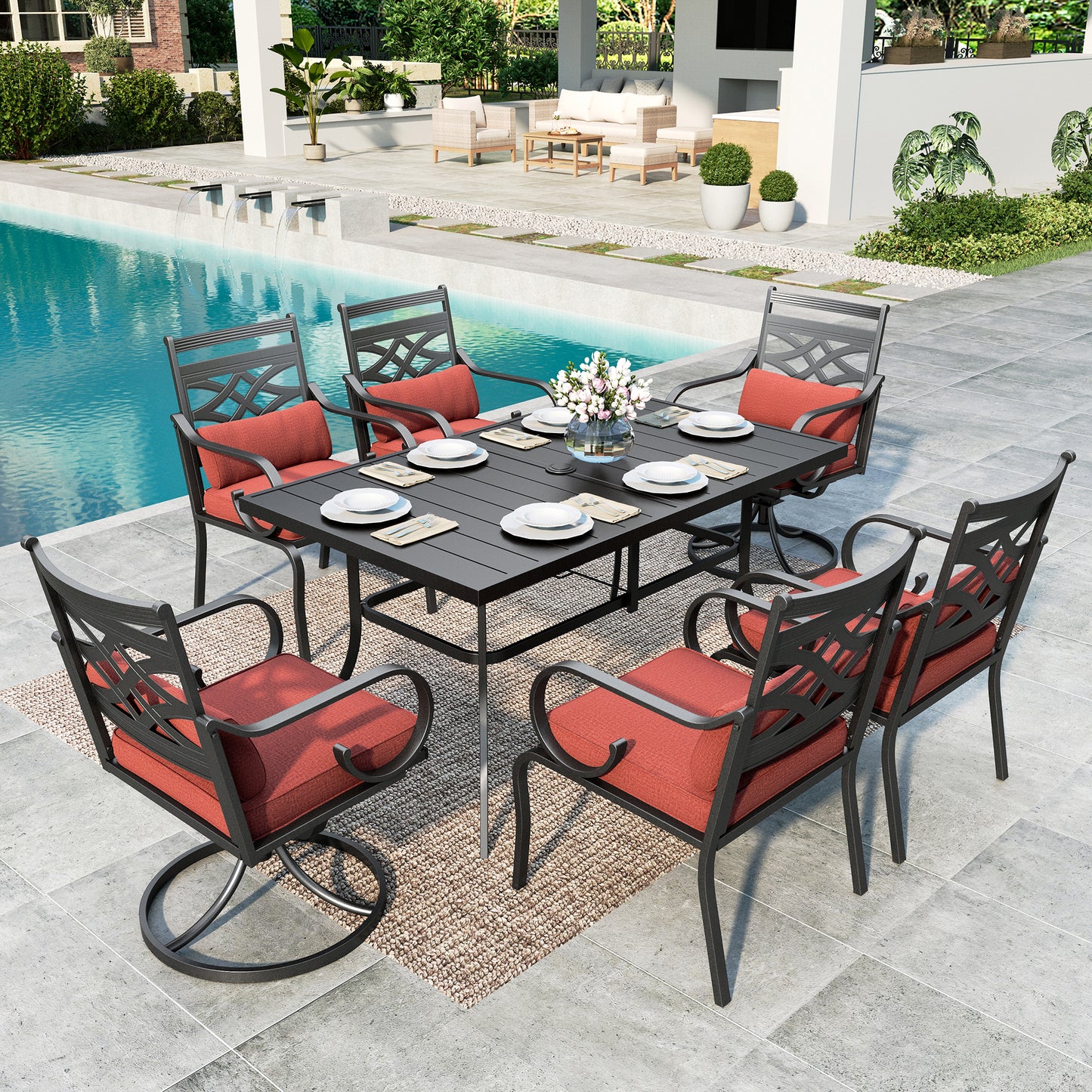 SUMMIT LIVING 7-Piece Outdoor Patio Dining Set with Cushioned Swivel Chairs & Metal Steel Table with Umbrella Hole, Black & Red