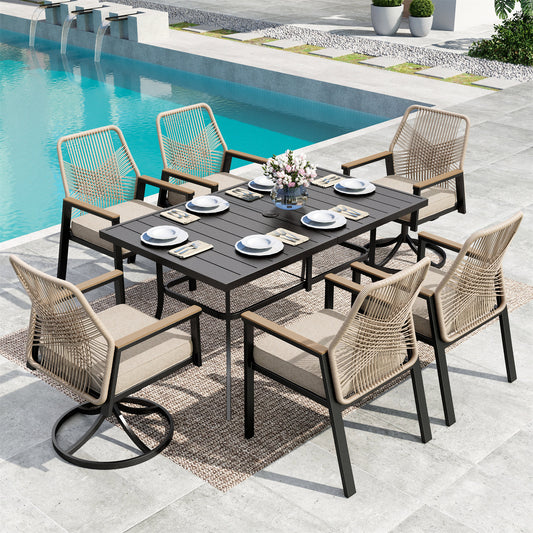 MF Studio 7-Piece Patio Dining Set, All-Weather Rattan Rope Swivel & Fixed Chairs and Rectangular Table with Umbrella Hole, Black and Beige