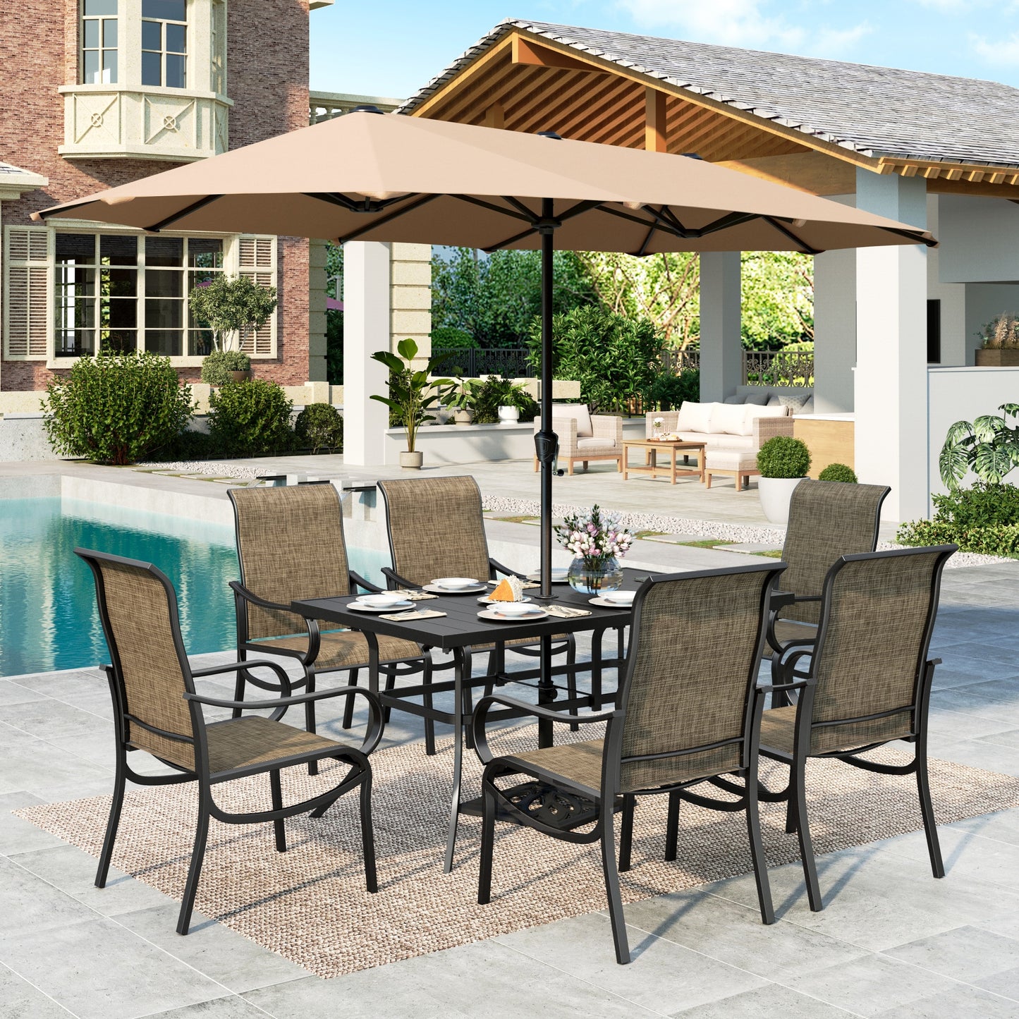 MF Studio 8-Piece Outdoor Patio Dining Set with 13ft Beige Umbrella, 59" Metal Patio Table and Textilene Chairs for 6 People, Black & Brown-gray