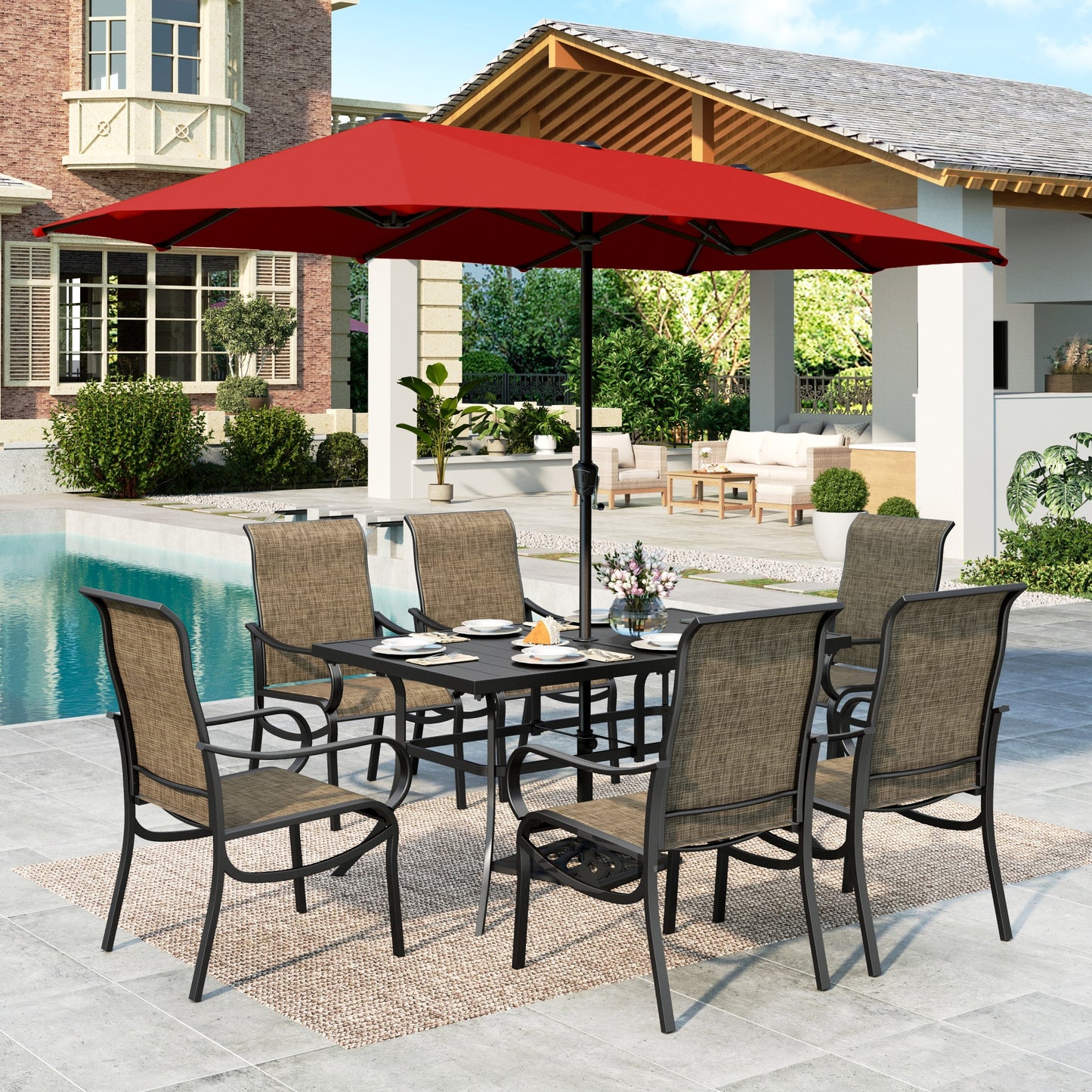 MF Studio 8-Piece Outdoor Patio Dining Set with 13ft Red Umbrella, 59" Metal Patio Table and Textilene Chairs for 6 People, Black & Brown-gray