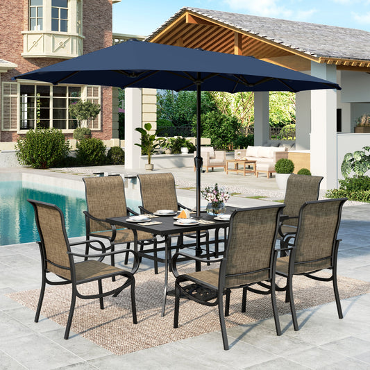 MF Studio 8-Piece Outdoor Patio Dining Set with 13ft Navy Blue Umbrella, 59" Metal Patio Table and Textilene Chairs for 6 People, Black & Brown-gray