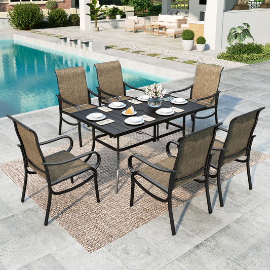 MF Studio 7-Piece Outdoor Patio Dining Set, 59" Metal Patio Table and Textilene Chairs, Black & Brown-gray