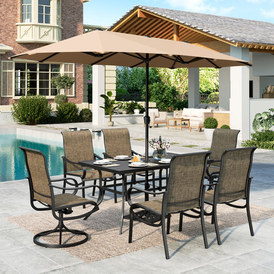 MF Studio 8-Piece Outdoor Patio Dining Set with 13ft Beige Umbrella, 59" Metal Patio Table and Textilene Chairs(2 Swivel, 4 Dining Chairs) for 6 People, Black & Brown-gray