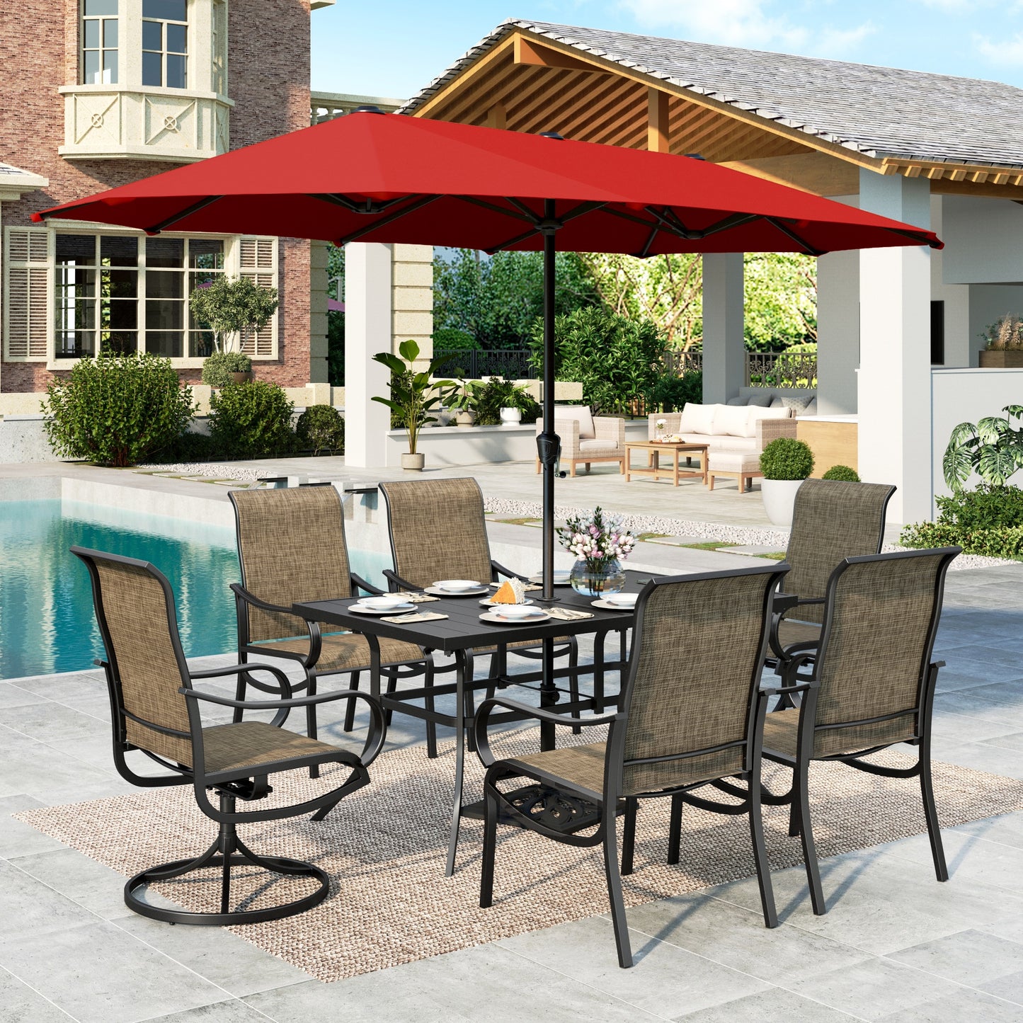 MF Studio 8-Piece Outdoor Patio Dining Set with 13ft Red Umbrella, 59" Metal Patio Table and Textilene Chairs(2 Swivel, 4 Dining Chairs) for 6 People, Black & Brown-gray