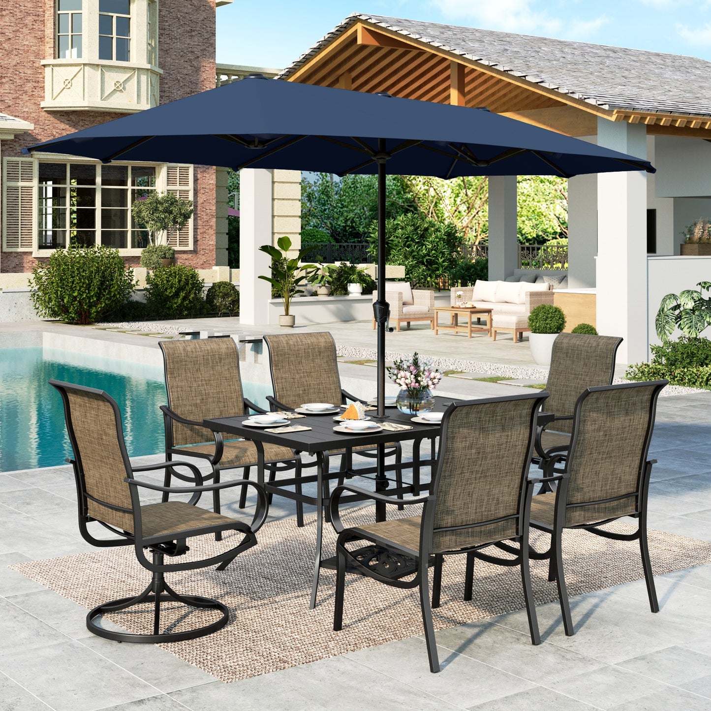 MF Studio 8-Piece Outdoor Patio Dining Set with 13ft Navy Blue Umbrella, 59" Metal Patio Table and Textilene Chairs(2 Swivel, 4 Dining Chairs) for 6 People, Black & Brown-gray