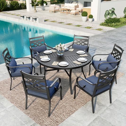 SUMMIT LIVING 7-Piece Outdoor Patio Dining Set with 6 Cushioned Chairs & Metal Round Table with Umbrella Hole, Black & Blue