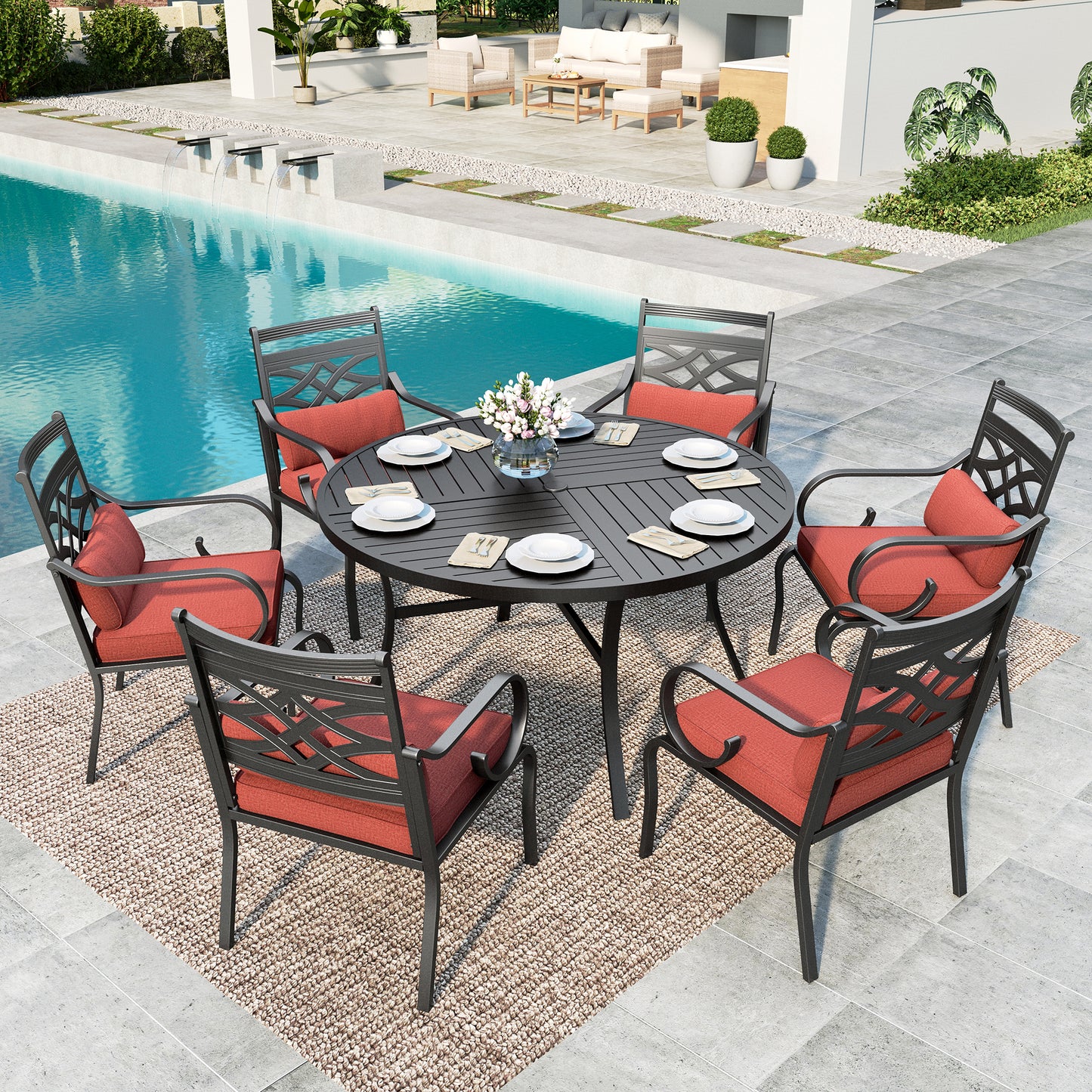 SUMMIT LIVING 7-Piece Outdoor Patio Dining Set with 6 Cushioned Chairs & Metal Round Table with Umbrella Hole, Black & Red