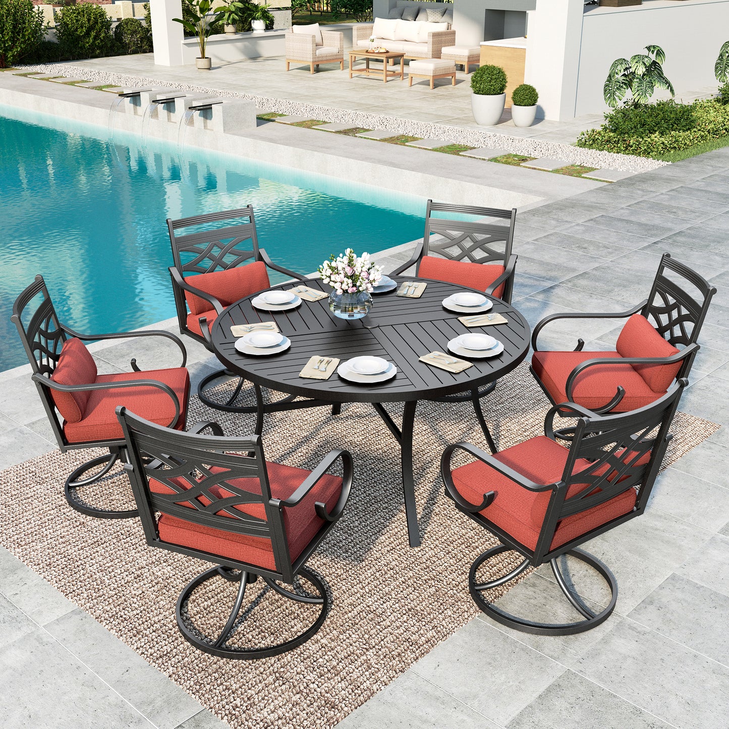SUMMIT LIVING 7-Piece Outdoor Patio Dining Set with 6 Cushioned Swivel Chairs & Metal Round Table with Umbrella Hole, Black & Red