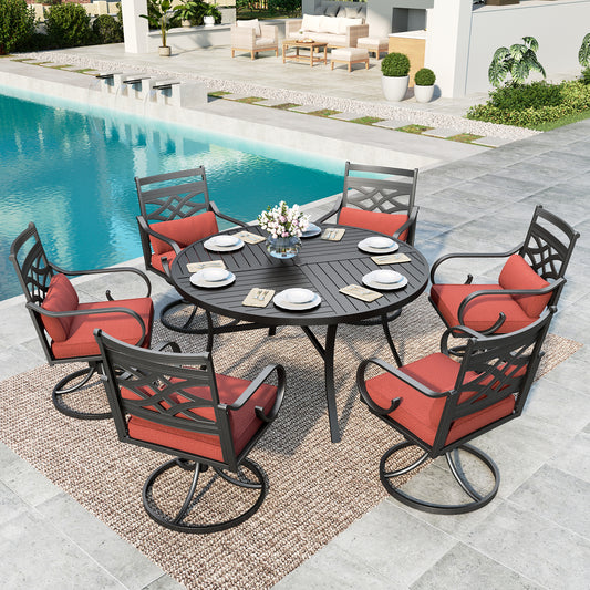 SUMMIT LIVING 7-Piece Outdoor Patio Dining Set with 6 Cushioned Swivel Chairs & Metal Round Table with Umbrella Hole, Black & Red