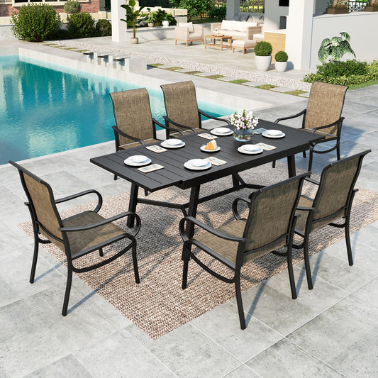 MF Studio 7-Piece Outdoor Patio Dining Set, Extendable Patio Table and Textilene Chairs for 6 People, Black & Brown-gray