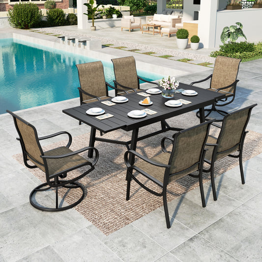 MF Studio 7-Piece Outdoor Patio Dining Set, Extendable Patio Table and Textilene Chairs(2 Swivel, 4 Dining Chairs) for 6 People, Black & Brown-gray
