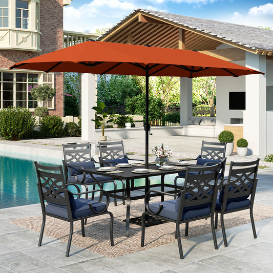 SUMMIT LIVING 8-Piece Outdoor Patio Dining Set with 13 ft Umbrella, Metal Steel Rectangle Table & 6 ArmChairs with Removable Cushions, Black & Red