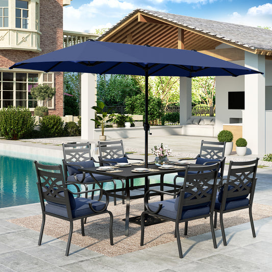 SUMMIT LIVING 8-Piece Outdoor Patio Dining Set with 13 ft Umbrella, Metal Steel Rectangle Table & 6 ArmChairs with Removable Cushions, Black & Navy-blue