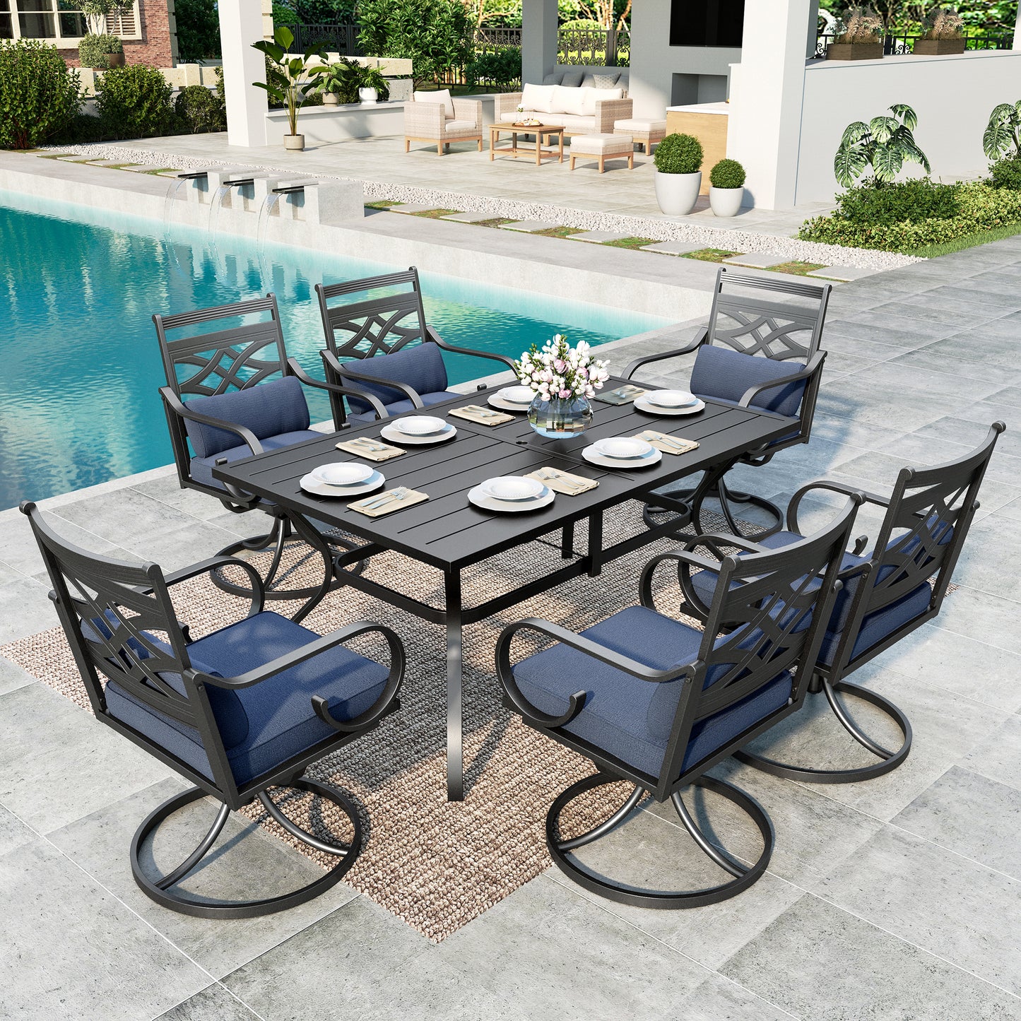 SUMMIT LIVING 7-Piece Outdoor Patio Dining Set with 6 Cushioned Swivel Chairs & Metal Steel Table with Umbrella Hole, Black & Blue
