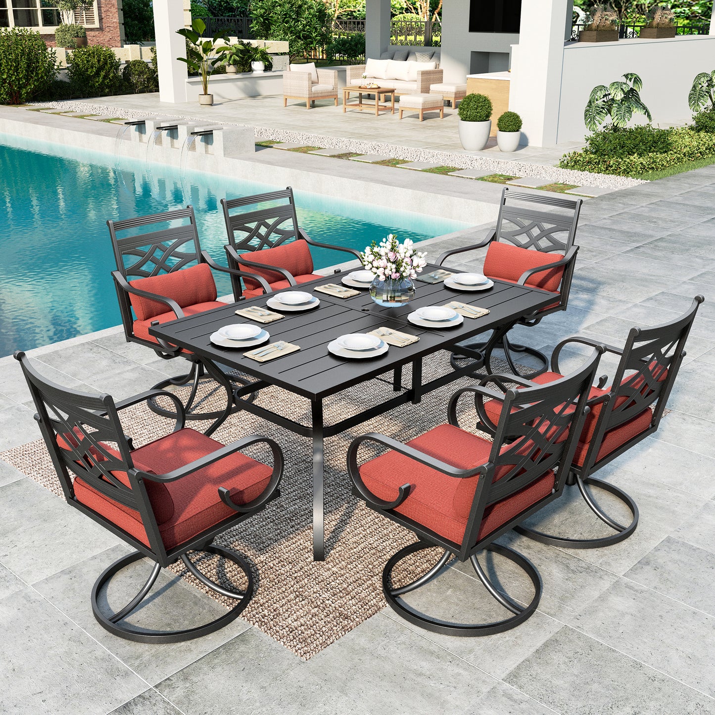 SUMMIT LIVING 7-Piece Outdoor Patio Dining Set with 6 Cushioned Swivel Chairs & Metal Steel Table with Umbrella Hole, Black & Red
