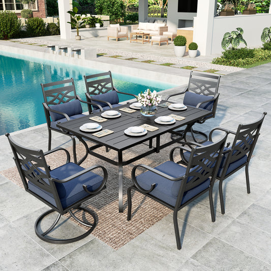 SUMMIT LIVING 7-Piece Outdoor Patio Dining Set with Cushioned Swivel Chairs & Metal Steel Table with Umbrella Hole, Black & Blue