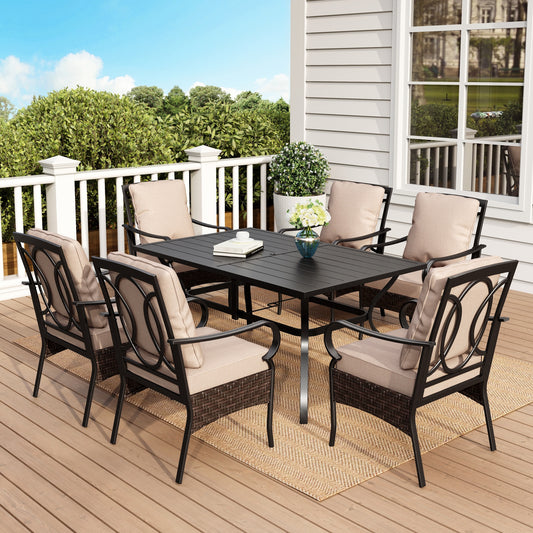 SUMMIT LIVING 7-Piece Outdoor Patio Dining Set, Patio Table and Chairs with Cushions, 1.6”/2” Umbrella Hole, Black & Beige