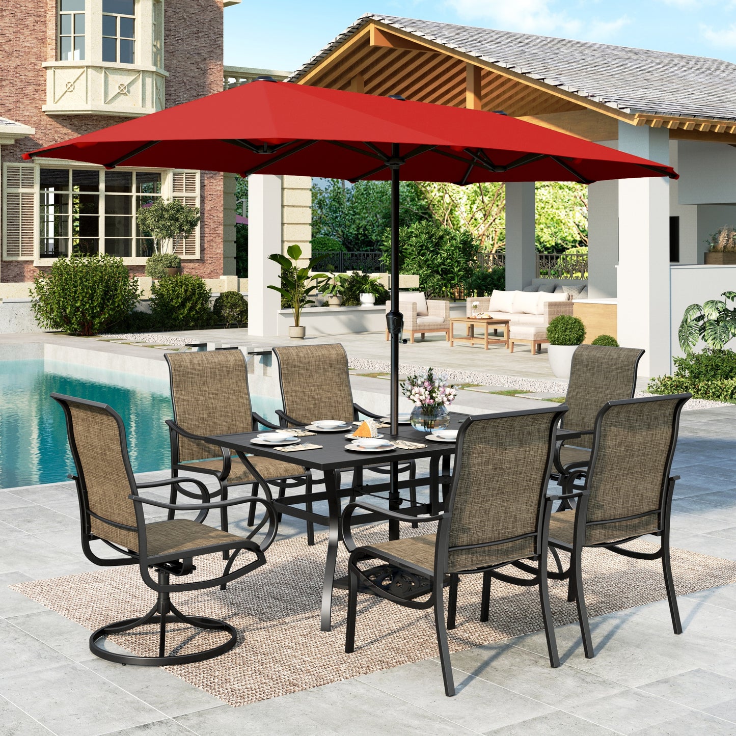 MF Studio 8-Piece Outdoor Patio Dining Set with 13ft Red Umbrella, 60" Metal Patio Table and Textilene Chairs(2 Swivel, 4 Dining Chairs) for 6 People, Black & Brown-gray