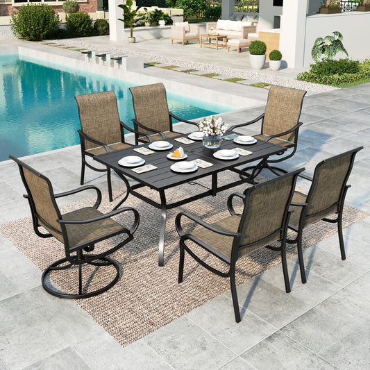 MF Studio 7-Piece Outdoor Patio Dining Set, 60" Metal Patio Table and Textilene Chairs(2 Swivel, 4 Dining Chairs), Black & Brown-gray
