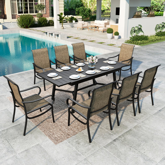 MF Studio 9-Piece Outdoor Patio Dining Set, Extendable Patio Table and Textilene Chairs for 8 People, Black & Brown-gray