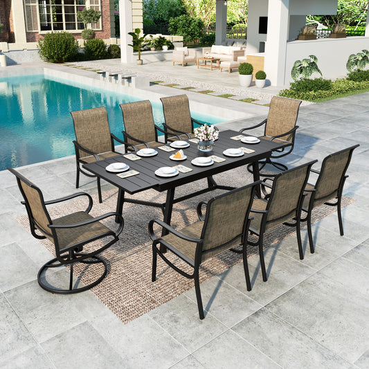 MF Studio 9-Piece Outdoor Patio Dining Set, Extendable Patio Table and Textilene Chairs(2 Swivel, 6 Dining Chairs) for 8 People, Black & Brown-gray