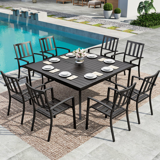 SUMMIT LIVING 9-Piece Outdoor Dining Set with Large Square Table & Stack-able Chairs for 8-Person, Black