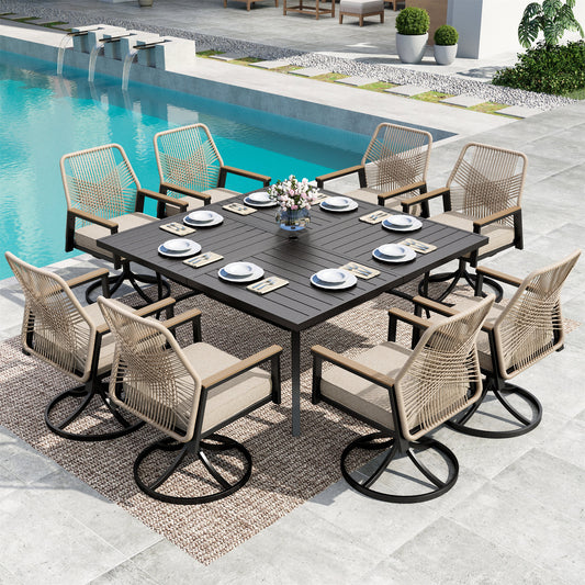MF Studio 9-Piece Outdoor Patio Dining Set with Swivel All-Weather Rattan Rope Chair and 60" Large Square Table, Black and Beige