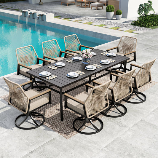 MF Studio Patio Table and Chairs Set, 9-Piece Outdoor Dining Set with Swivel All-Weather Rattan Rope Chair and 83" Rectangular Table, Black and Beige