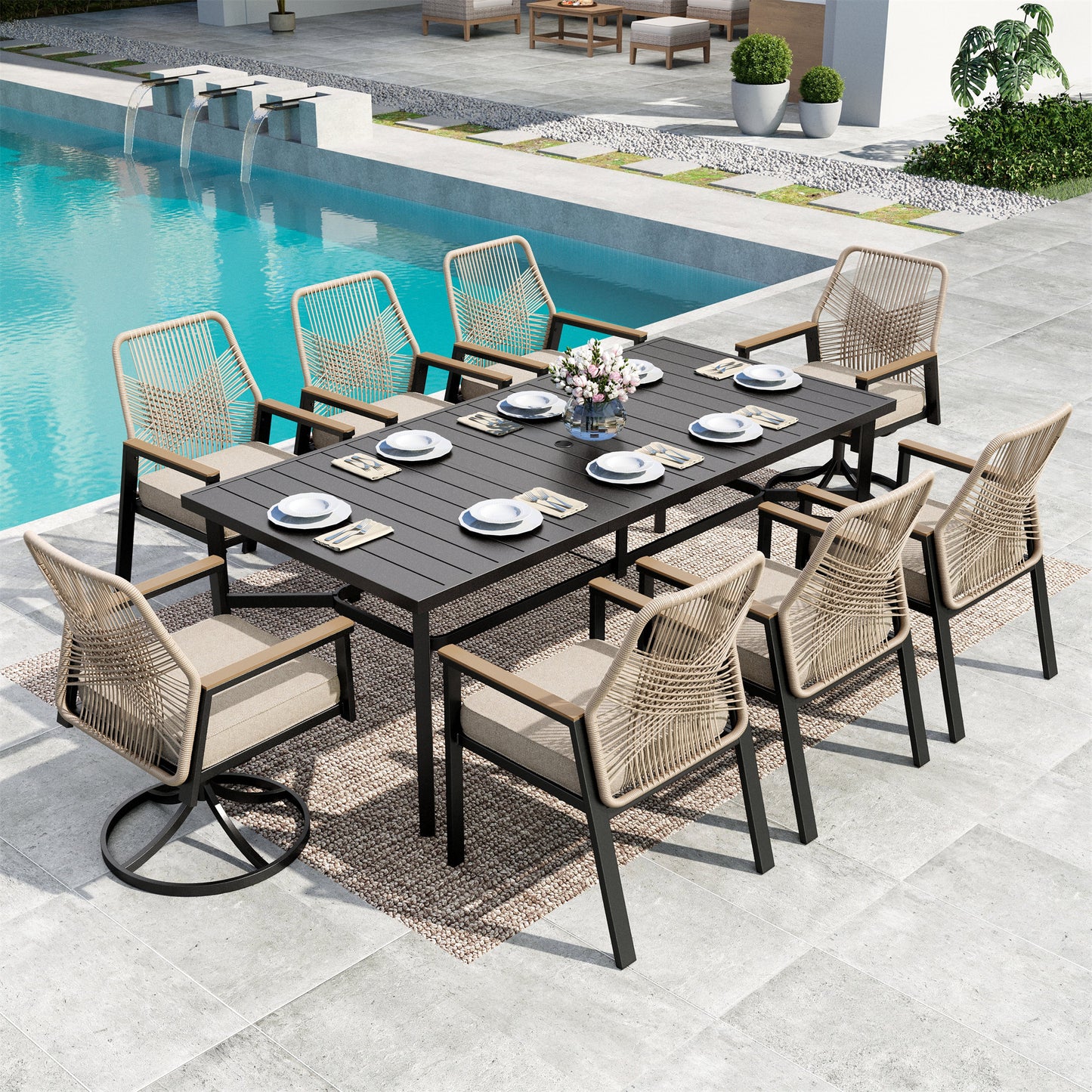 MF Studio 9-Piece Outdoor Dining Set, Swivel & Fixed All-Weather Rattan Rope Chairs and 83" Rectangular Table, Black and Beige
