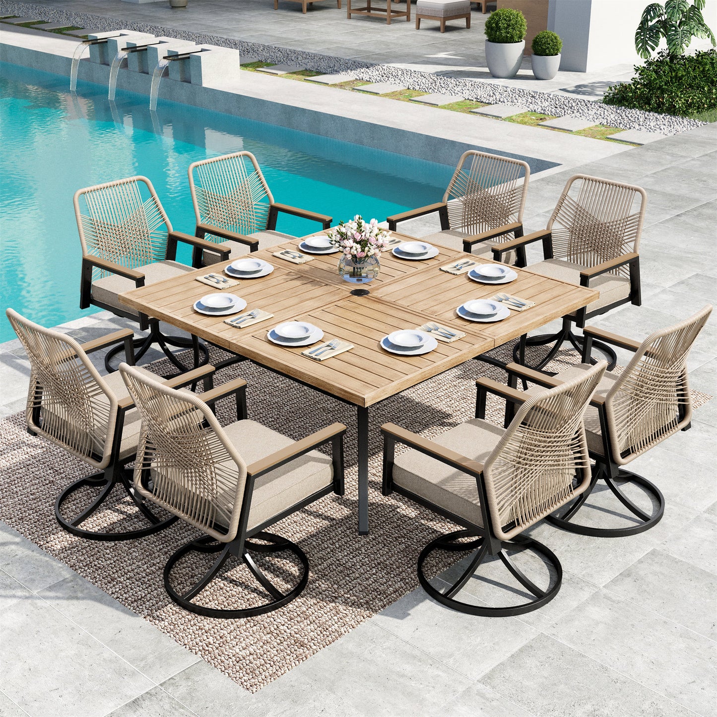 MF Studio 9-Piece Outdoor Patio Dining Set with Swivel All-Weather Rattan Rope Chair and 60" Large Square Wood-Like Table, Black and Beige