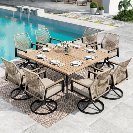 MF Studio 9-Piece Outdoor Patio Dining Set with Swivel All-Weather Rattan Rope Chair and 60" Large Square Wood-Like Table, Black and Beige