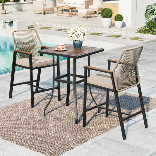 MF Studio 3-Piece Outdoor Patio Bar Set, All-Weather Rattan Bistro Set Dining Set with Removable Cushions, Square Bar Table