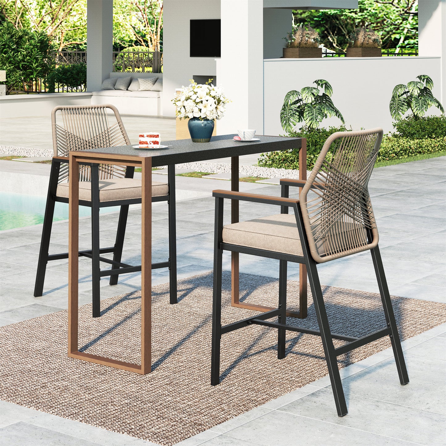 MF Studio 3-Piece Outdoor Patio Bar Set, All-Weather Rattan Bistro Set Dining Set with Removable Cushions, Rectangle Bar Table
