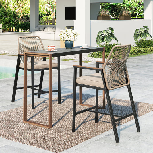 MF Studio 3-Piece Outdoor Patio Bar Set, All-Weather Rattan Bistro Set Dining Set with Removable Cushions, Rectangle Bar Table