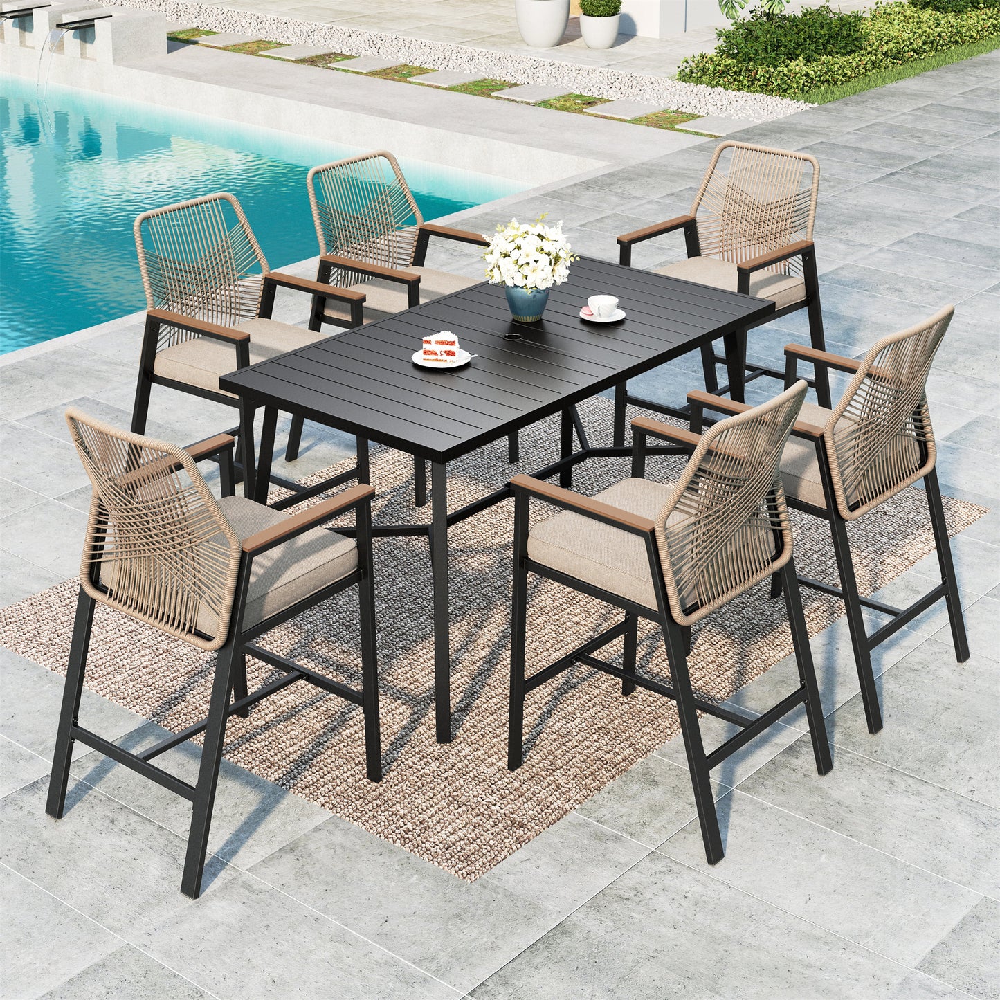 MF Studio 7-Piece Outdoor Patio Bar Set Dining Set, All-Weather Rattan Bar Height Table Set with Removable Cushions, 67” Rectangle Bar Table
