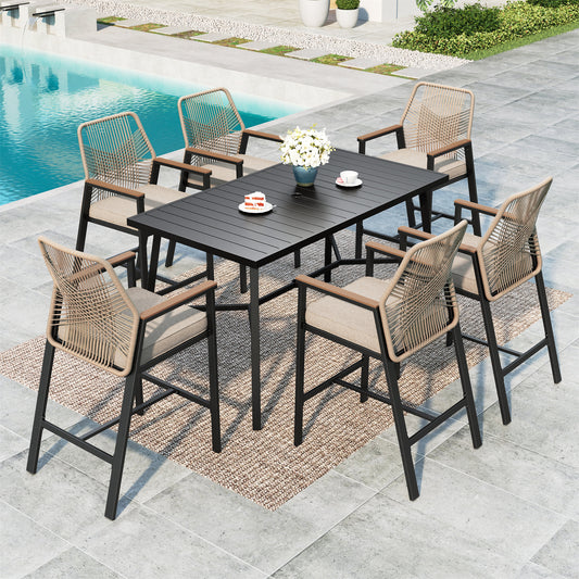 MF Studio 7-Piece Outdoor Patio Bar Set Dining Set, All-Weather Rattan Bar Height Table Set with Removable Cushions, 67” Rectangle Bar Table