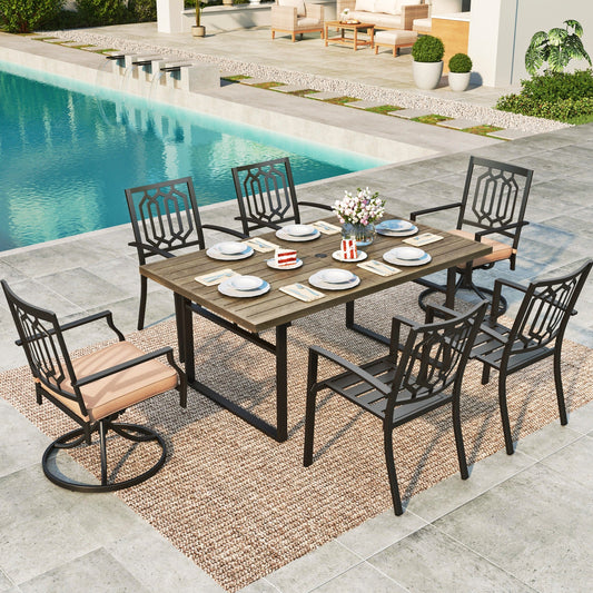 MF Studio 7-Piece Outdoor Patio Dining Set with Swivel Chairs & Faux Wood Table, Steel Frame, Black
