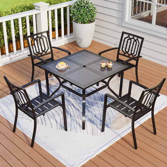 MF Studio 5-Piece Outdoor Patio Dining Set, All-Weather Metal Steel Furniture with Stacking Chairs & Square Table with Umbrella Hole, Black