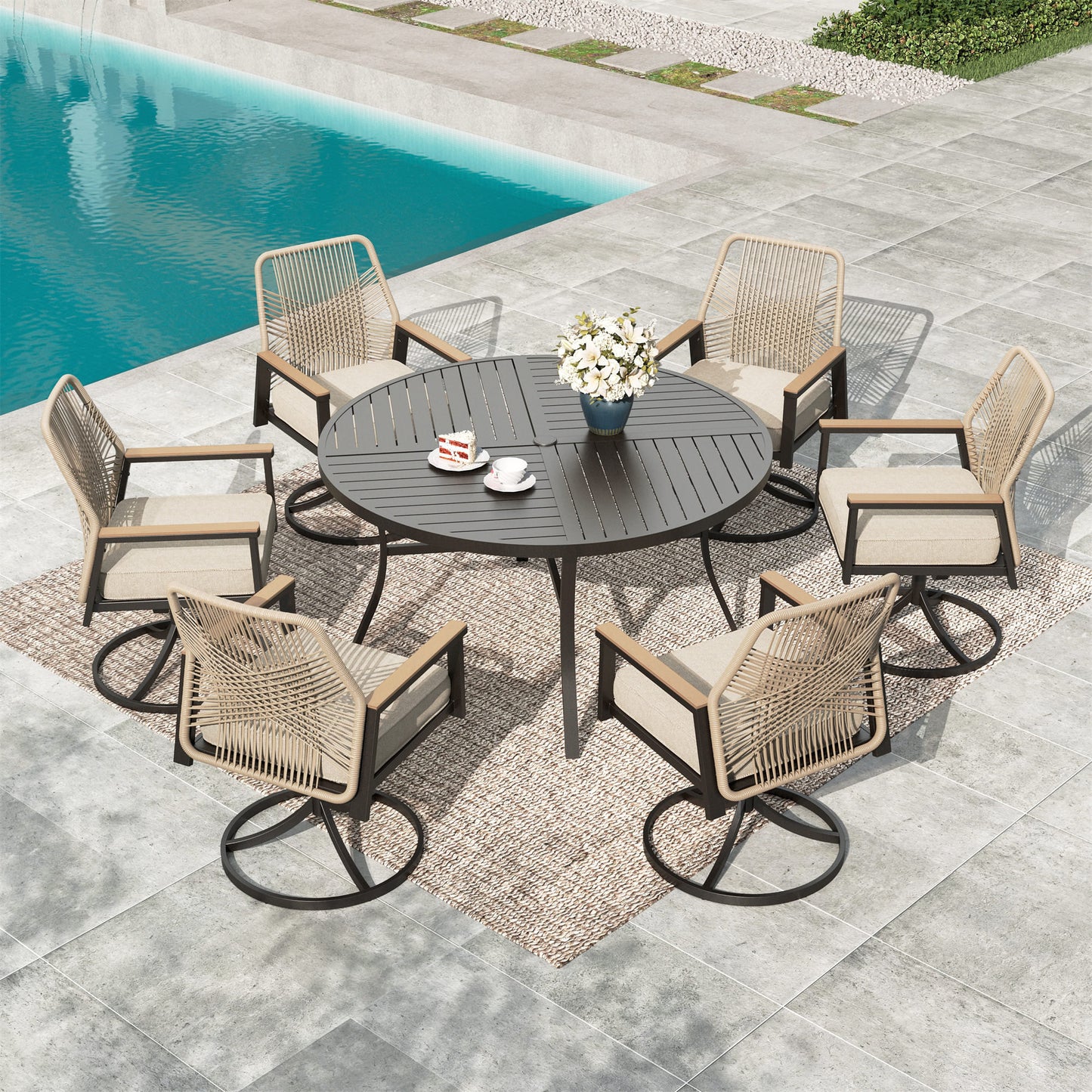 MF Studio Patio Table and Chairs Set, 7-Piece Outdoor Patio Dining Set with Swivel All-Weather Rattan Rope Chair and 54" Round Table, Black and Beige