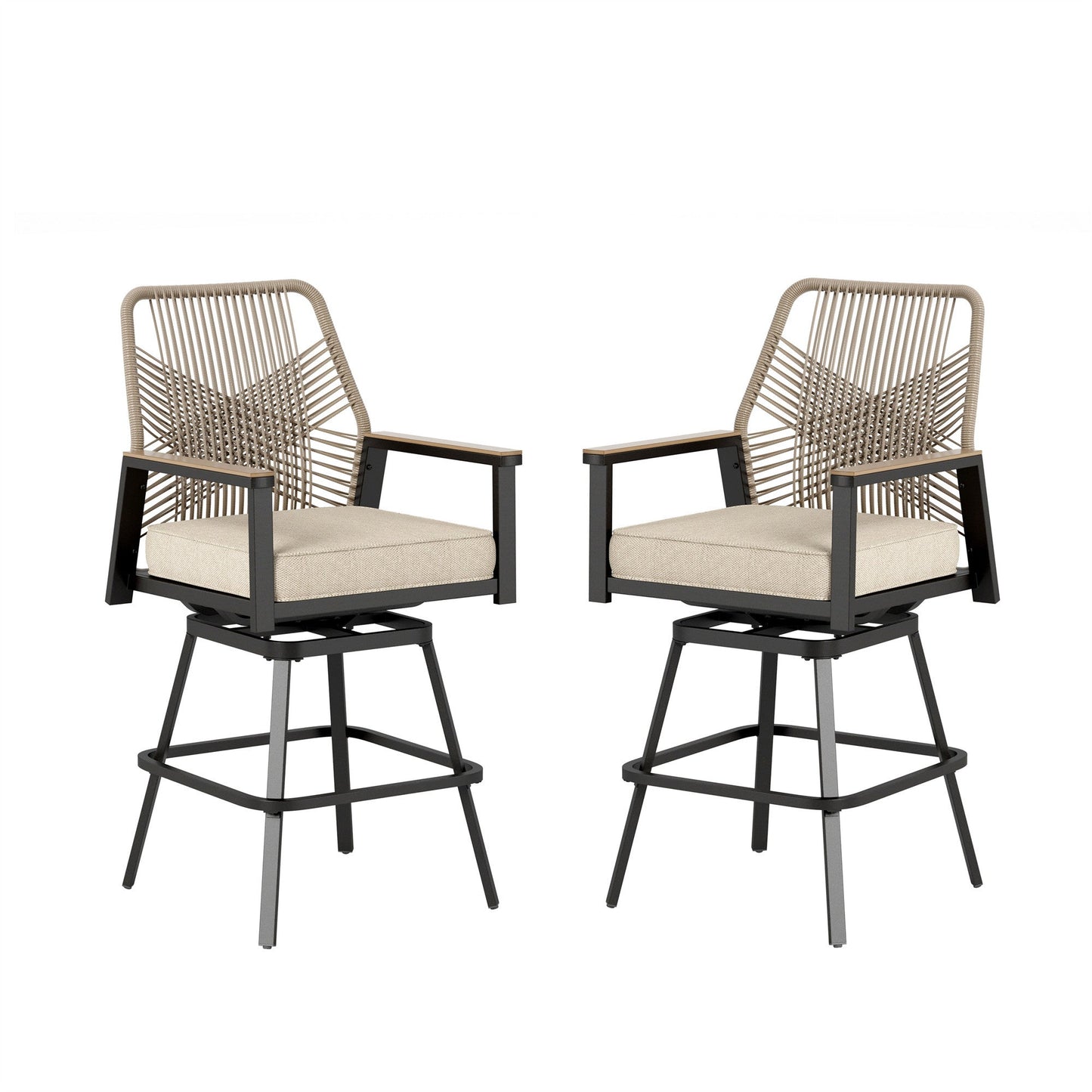Summit Living Outdoor Bar Stool Set of 2, Swivel Counter Height Patio Chairs with Removable Cushion, All-Weather Rattan Rope Design for Patio, Garden, Kitchen