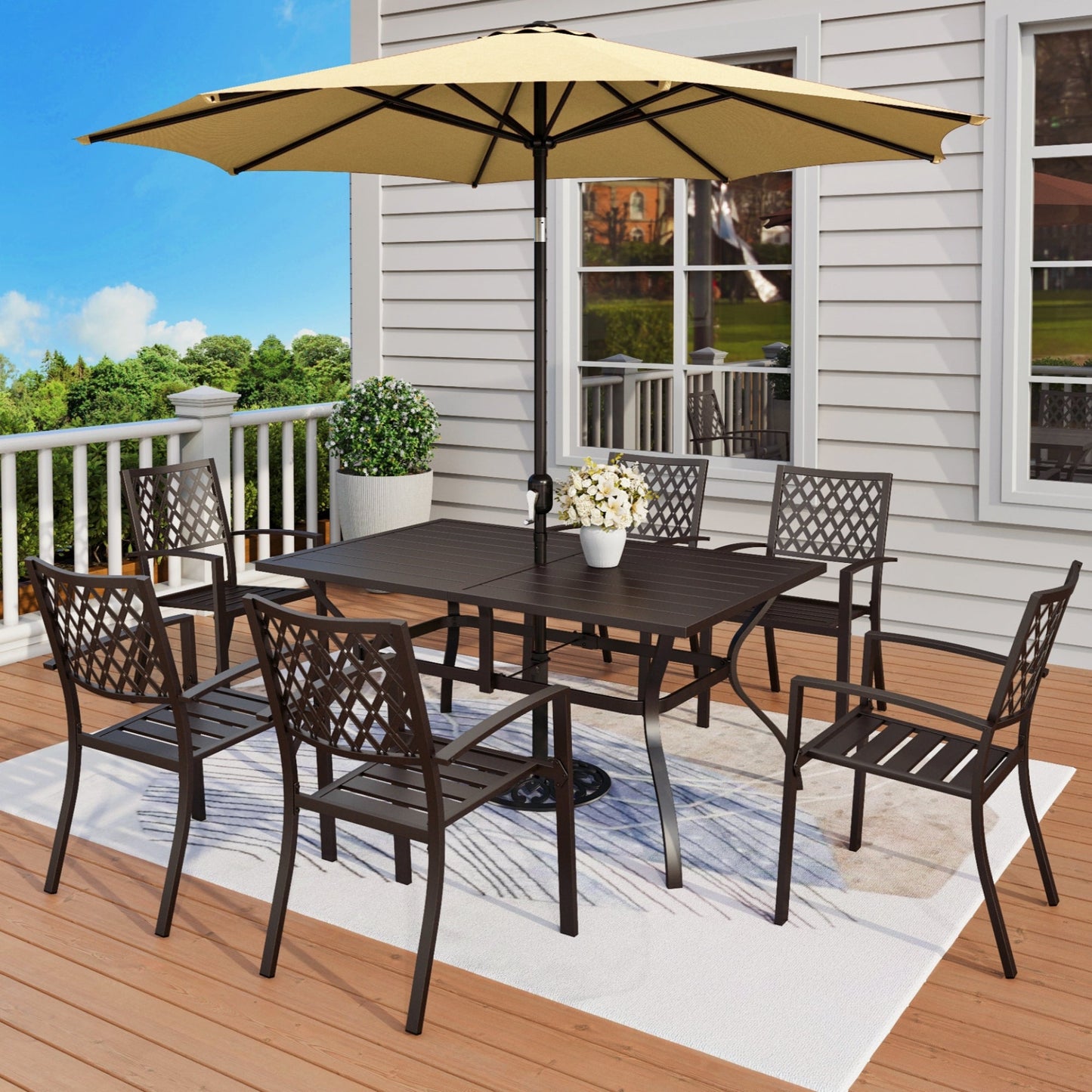 MF Studio 8-Piece Outdoor Patio Dining Set with 9 ft Umbrella, Stacking Chairs & Large Table for 6-Person, Black & Beige