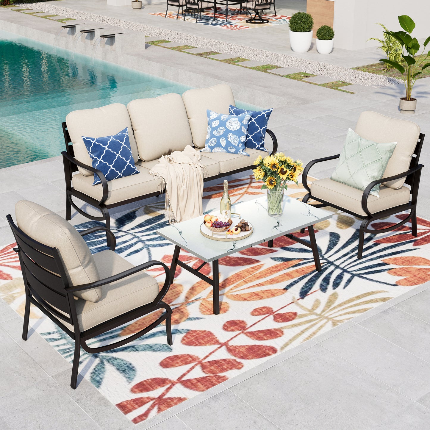 Summit Living 4 Pieces Patio Conversation Set Outdoor Metal Furniture Sectional Sofa for 5 People with Beige Cushion