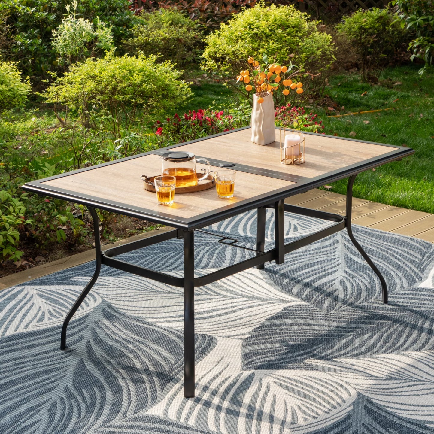 MF Studio 6-Person Patio Dining Table with Wood-look Tabletop & Steel Frame, 2" Umbrella Hole, Black